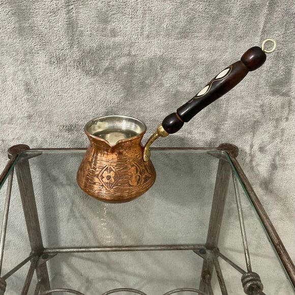 Vintage Copper+? Turkish coffee Cezve mother of pearl inlay wood handle - Picture 1 of 12